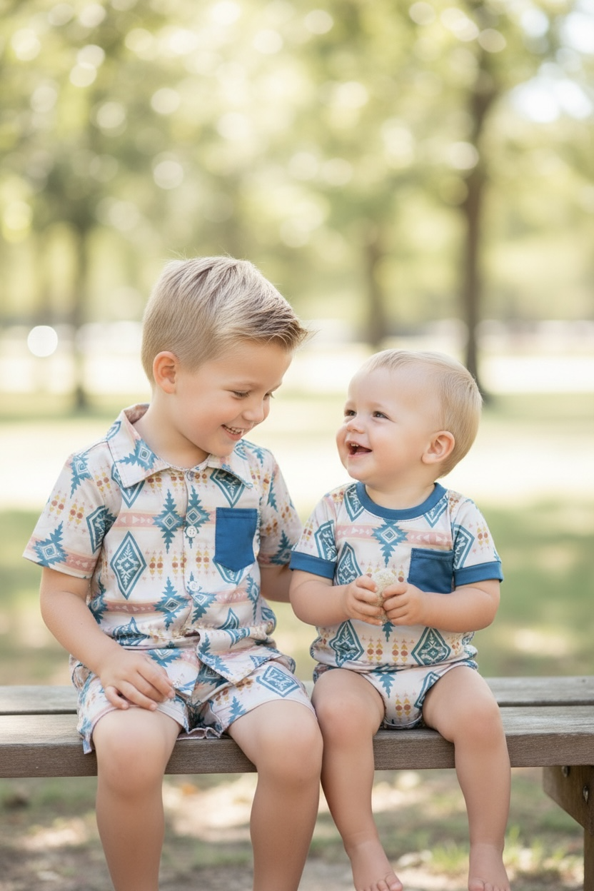Teal Aztec on Cream Button Up Set