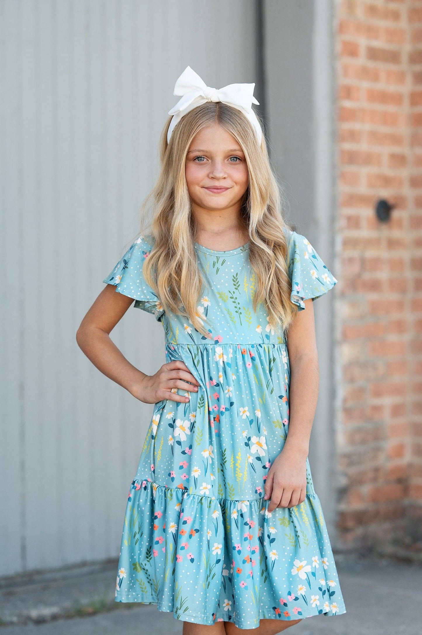 Girls Emma Teal Willow Floral Flutter Sleeve Dress