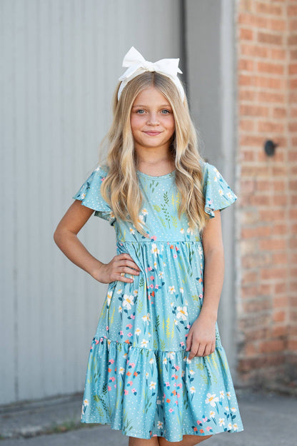 Girls Emma Teal Willow Floral Flutter Sleeve Dress