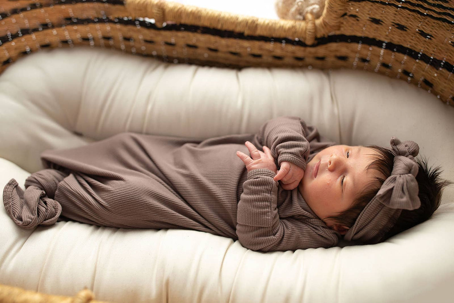 Cocoa Brown Ribbed Knotted Newborn Baby Gown & Bow