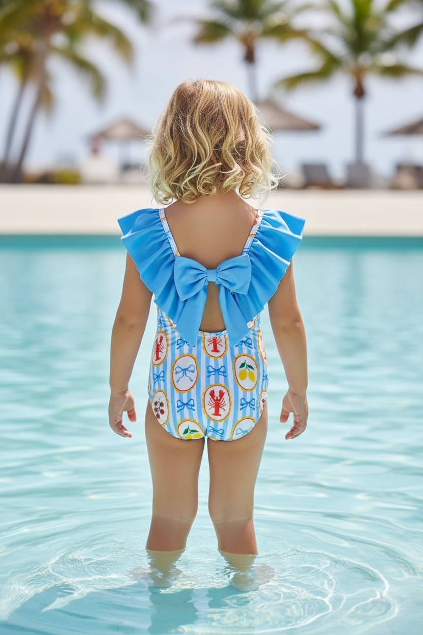 Blue & White Stripe Multi-Printed Swimsuit