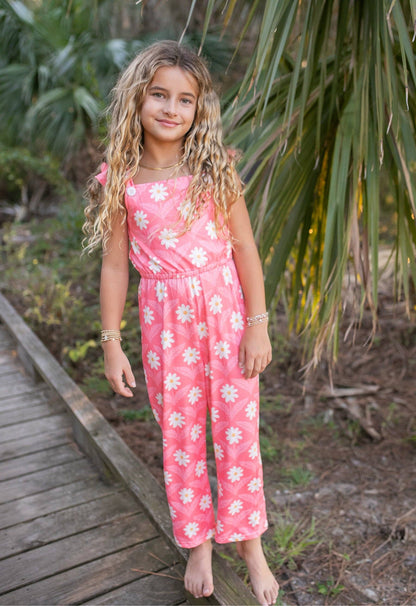 Girls Pink Amelia Daisy Flower Spring Summer Jumpsuit