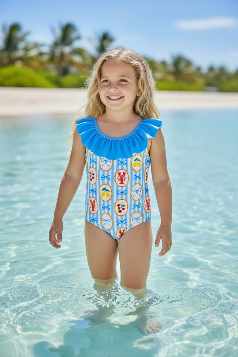 Blue & White Stripe Multi-Printed Swimsuit