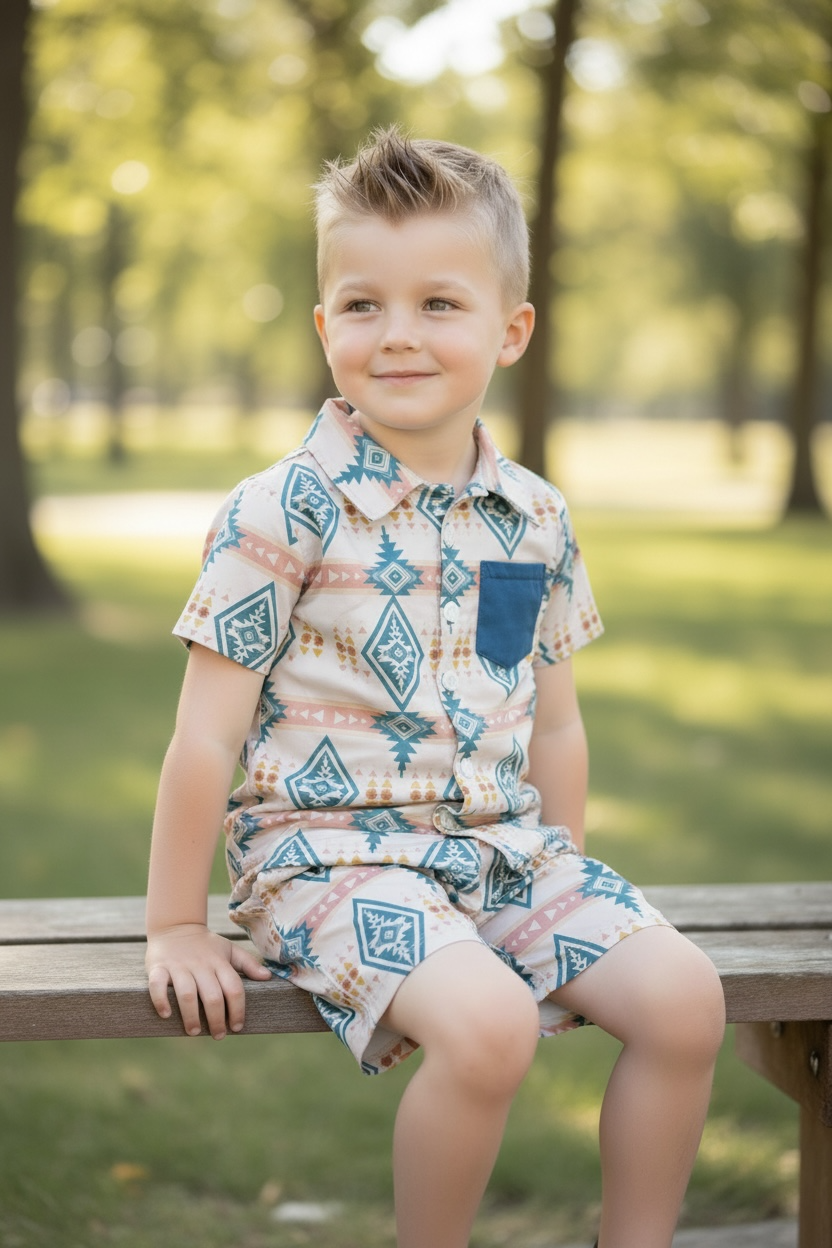 Teal Aztec on Cream Button Up Set