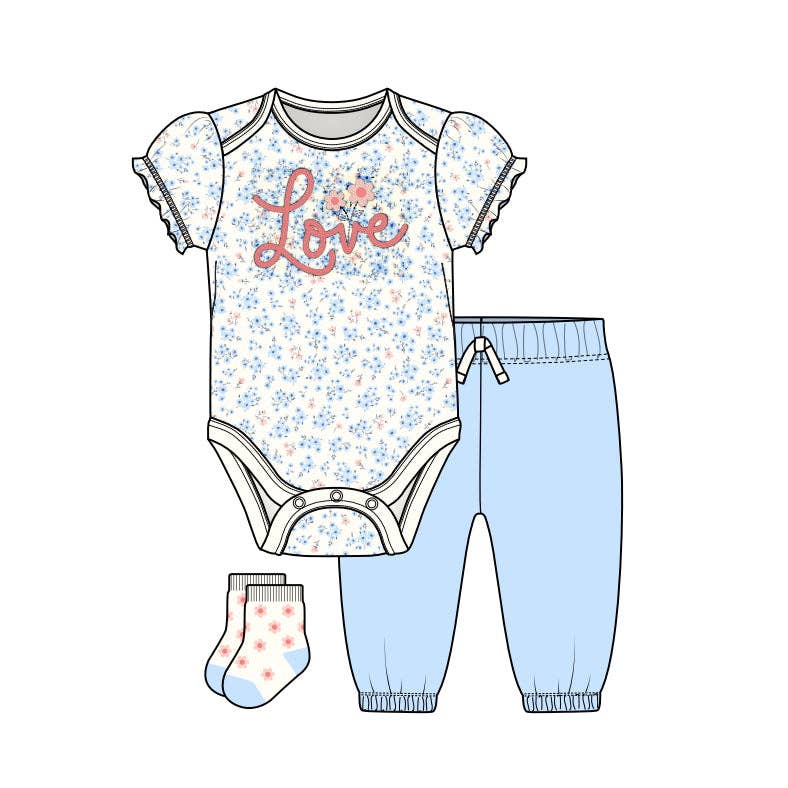 Baby 3pcs Love Chenille Applique Bodysuit Socks Pants Set: 6-9M