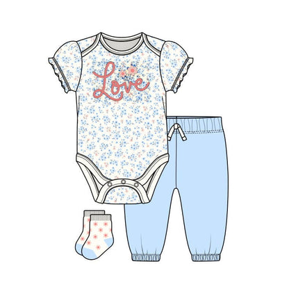 Baby 3pcs Love Chenille Applique Bodysuit Socks Pants Set: 6-9M