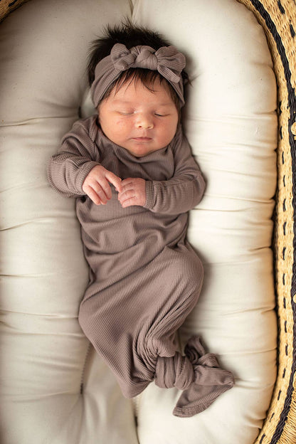 Cocoa Brown Ribbed Knotted Newborn Baby Gown & Bow