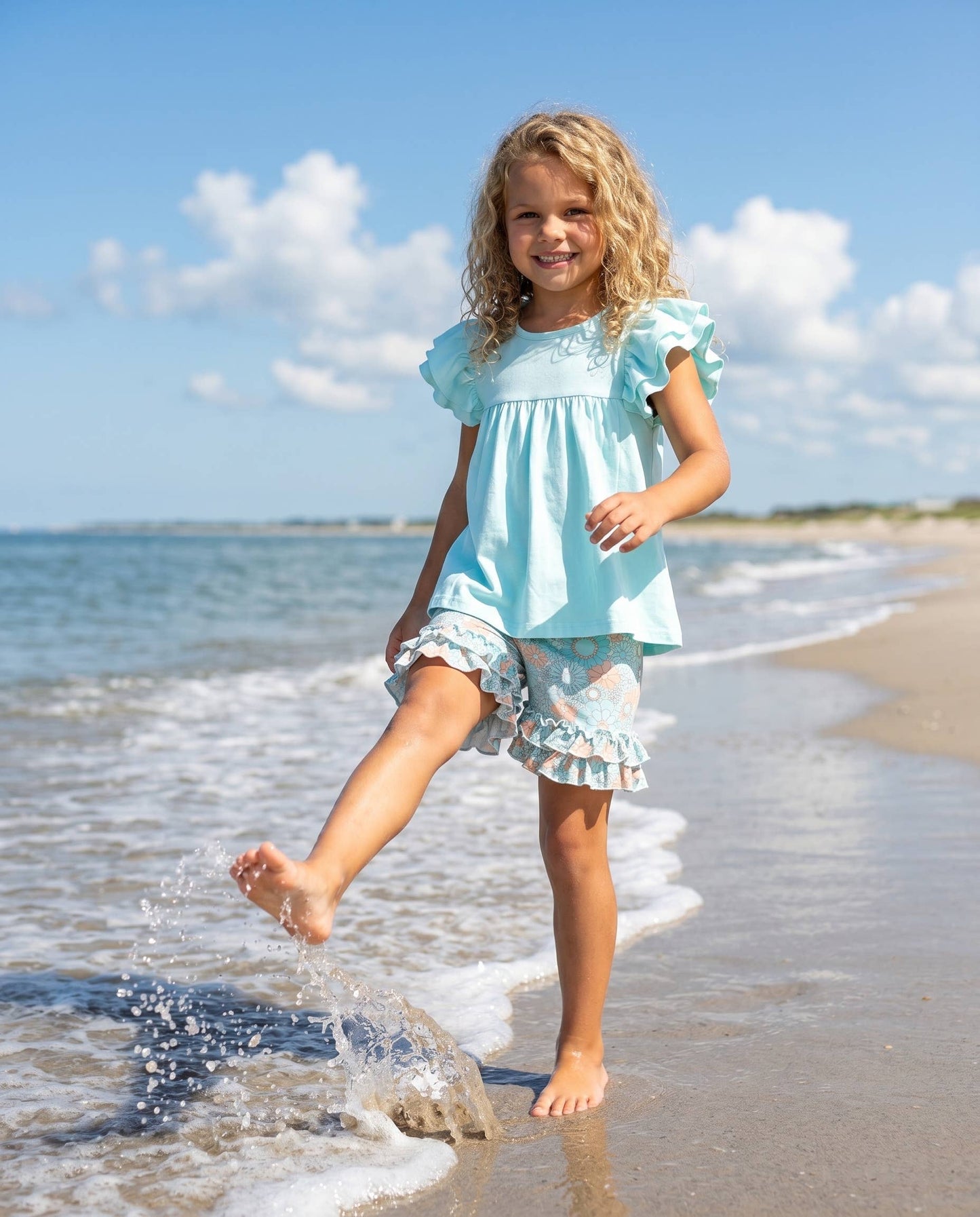 Kids Sophia Light Teal Floral Ruffle Short Set