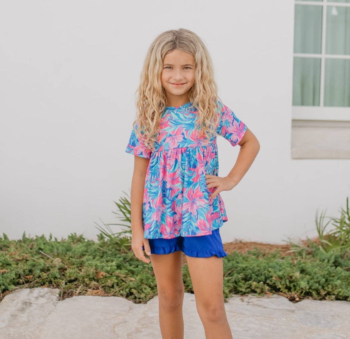 Kids Tropical Floral Pocket Ruffle Summer Short Set