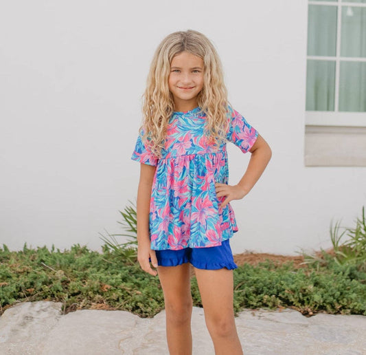 Kids Tropical Floral Pocket Ruffle Summer Short Set