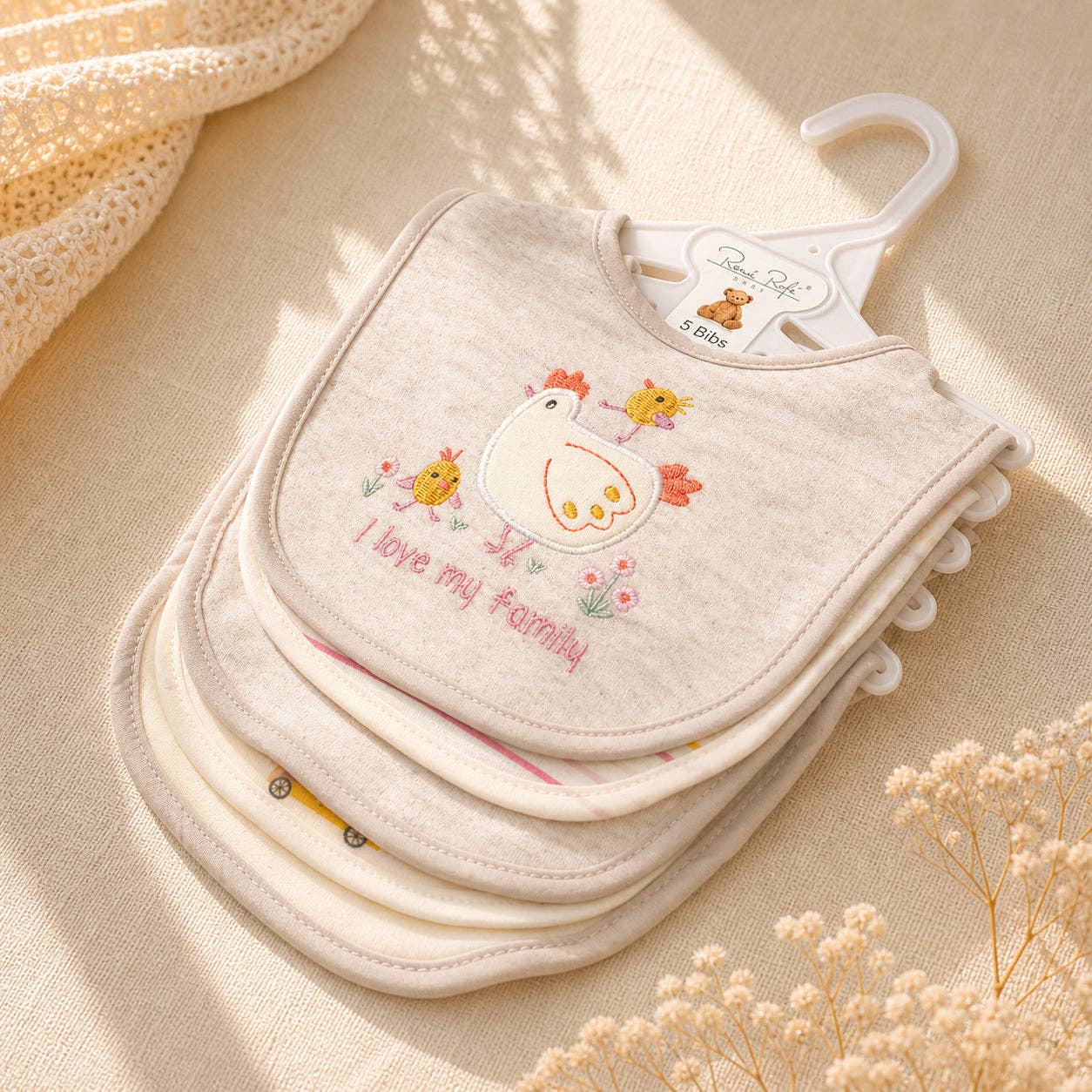 5 Pack Chicken Pattern Soft Cotton Poly Embroidered Baby Bibs
