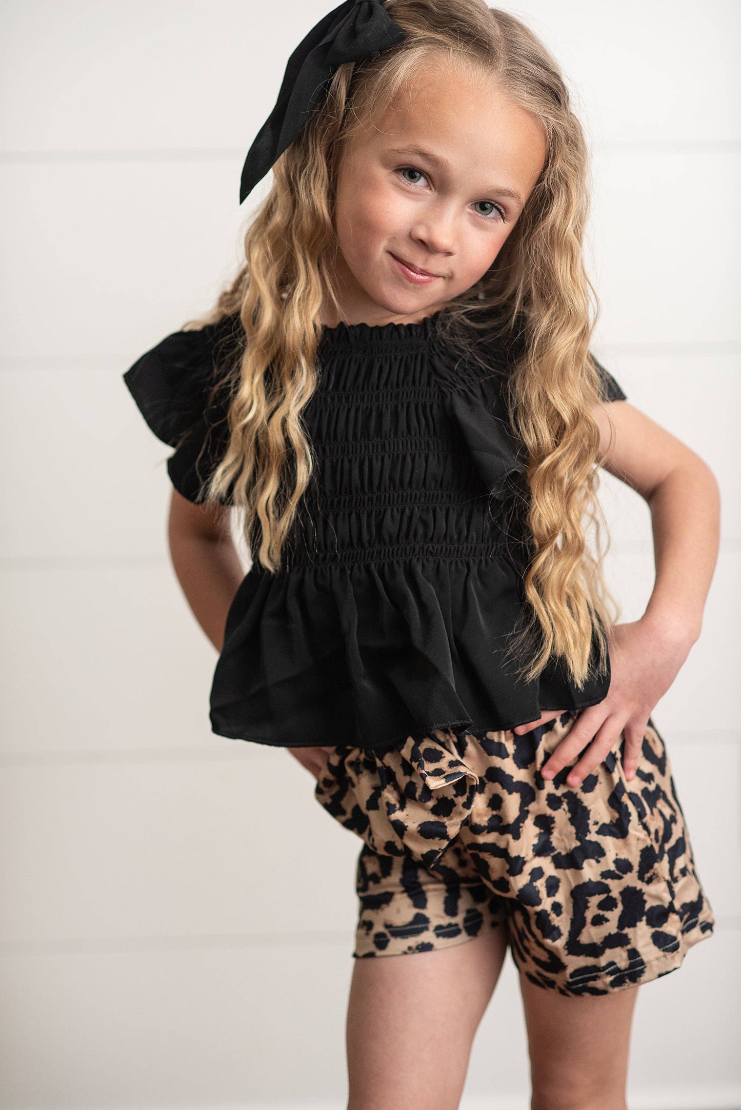 Girls Black Shirred Top & Leopard Print Bow Spring Short Set