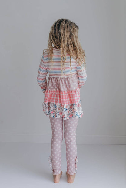 Girls Sand Floral 3 Tiered Fall Ruffle Button Legging Set: 2