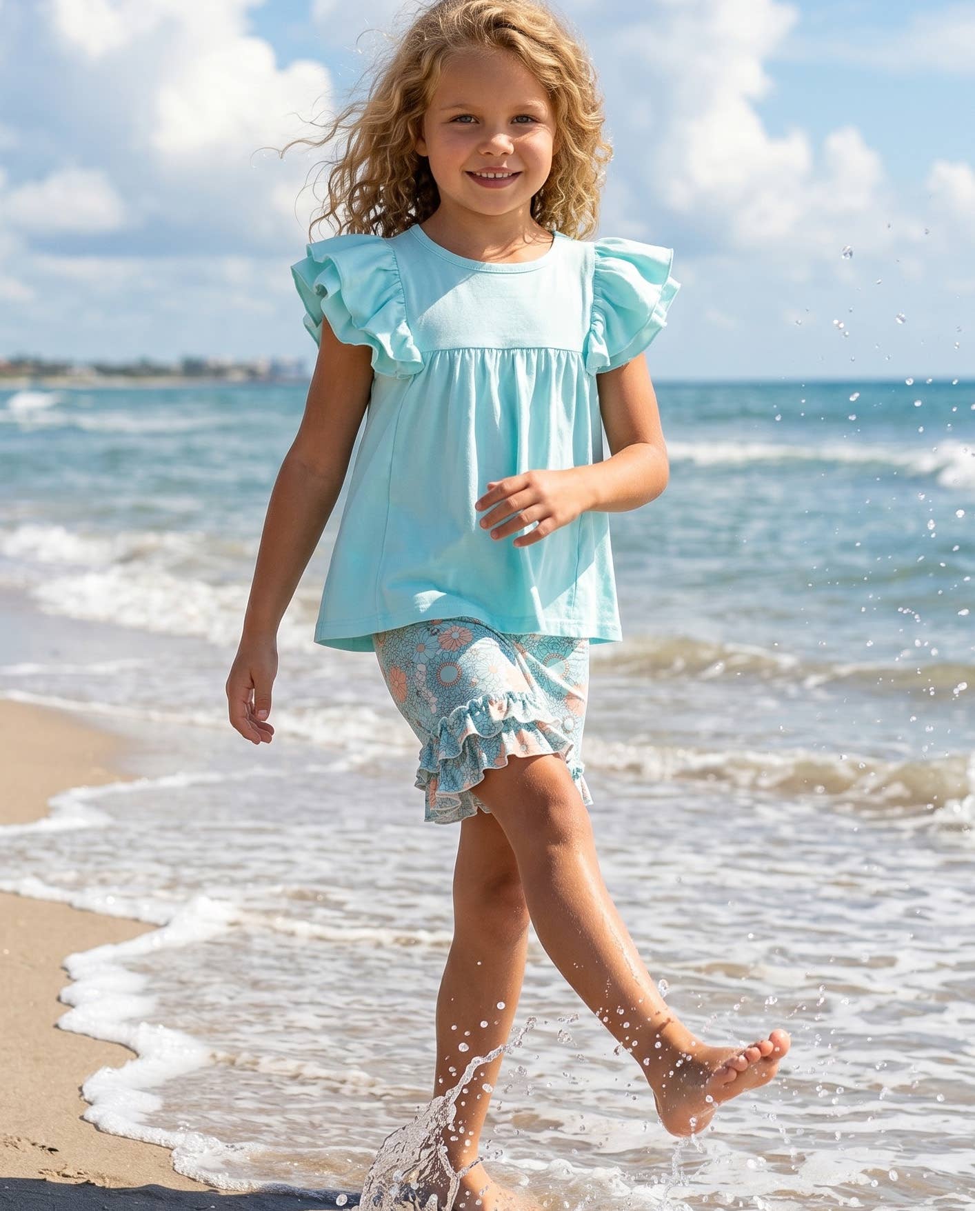 Kids Sophia Light Teal Floral Ruffle Short Set