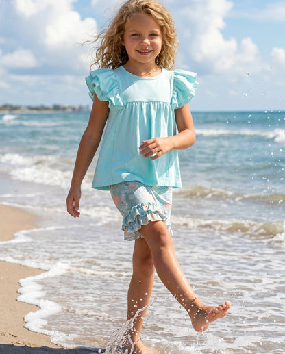 Kids Sophia Light Teal Floral Ruffle Short Set