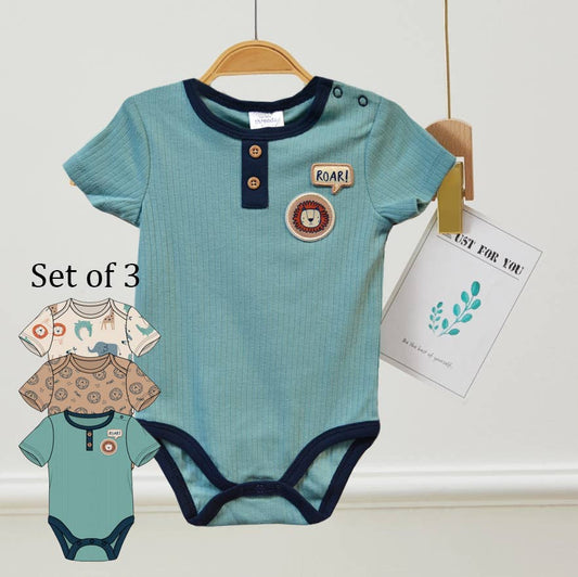 Pack of 3 100% Cotton Baby Roar Lion Twill Patches Bodysuits