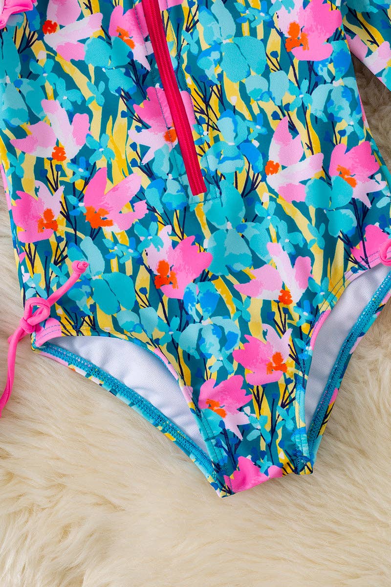 Pink & Teal Floral Printed Swimsuit w/ Front Zipper
