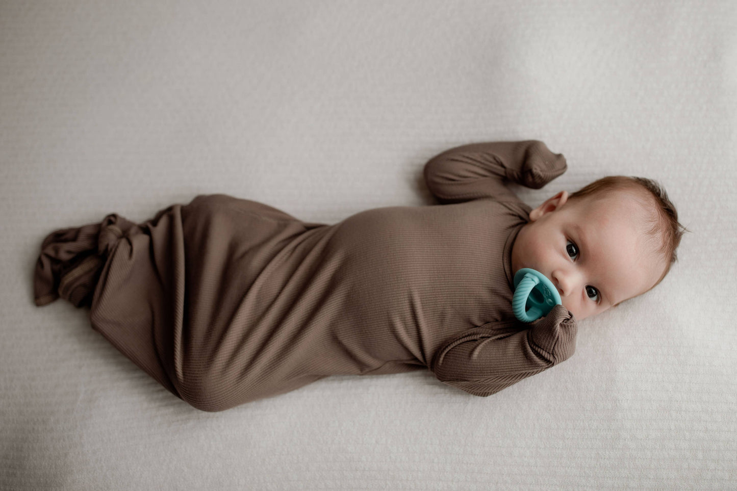 Cocoa Brown Ribbed Knotted Newborn Baby Gown & Bow