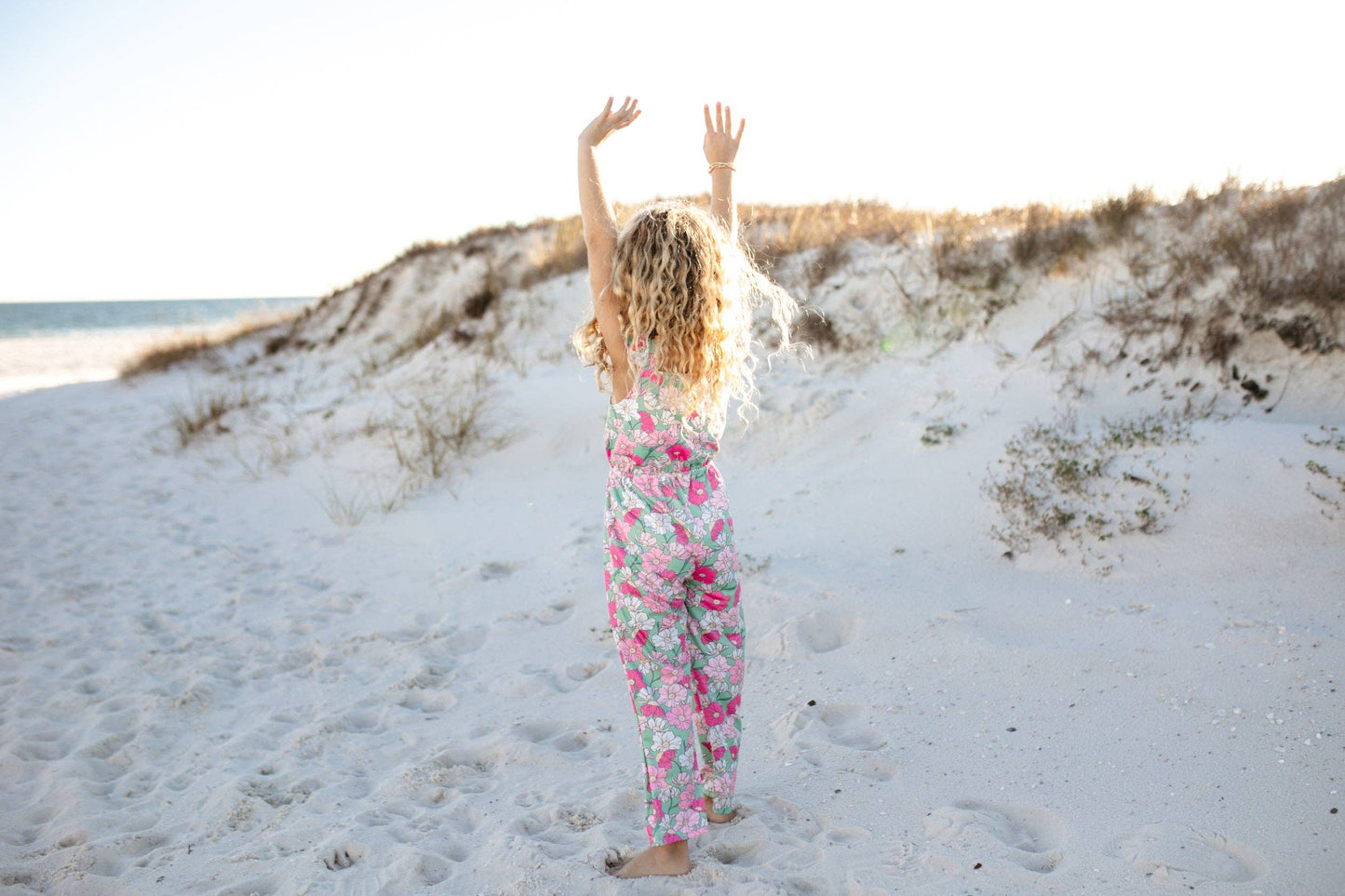 Kids Mint & Pink Flower Button Ruffle Summer Pocket Jumpsuit