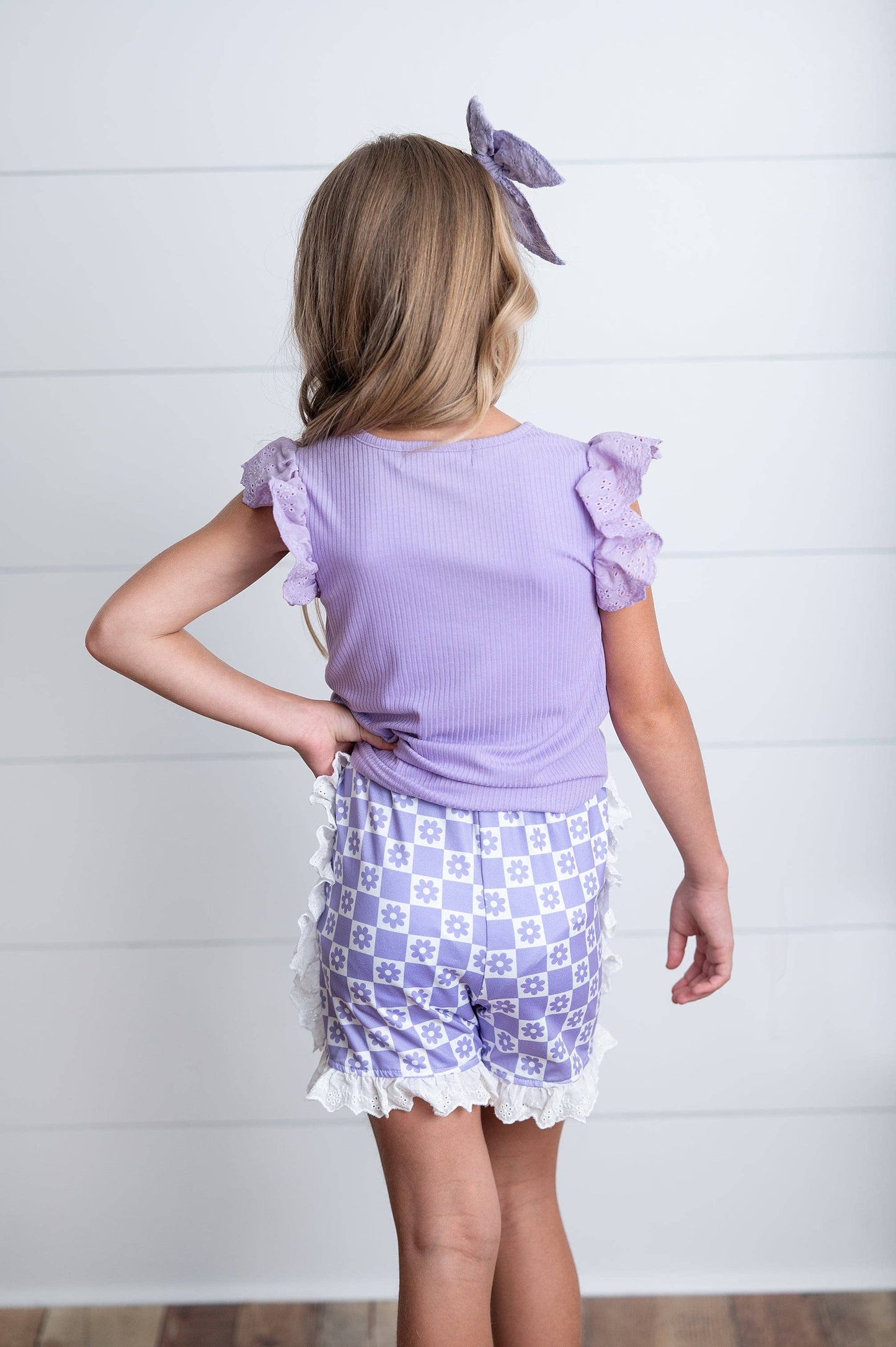 Girls Lavender Lace Checkered Spring Summer Ruffle Short Set