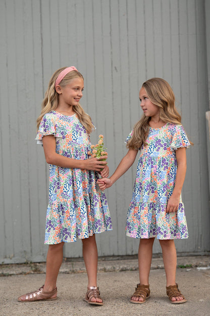 Kids Emmy Garden Floral Flutter Sleeve Twirl Spring Dress