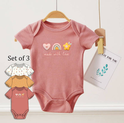 Pack of 3 Baby Love Puff Screen Print Pattern Bodysuits: 6-9M