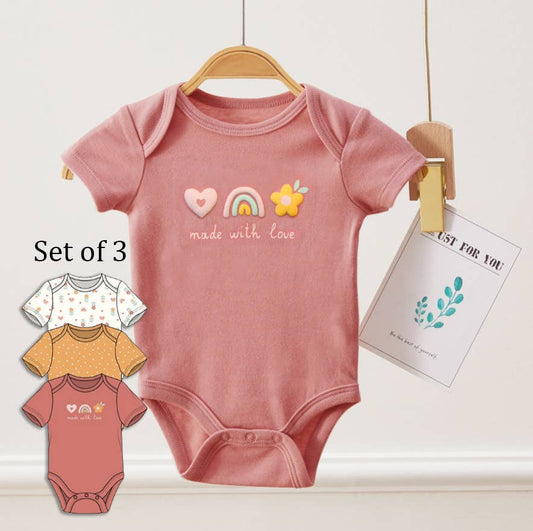 Pack of 3 Baby Love Puff Screen Print Pattern Bodysuits: 6-9M