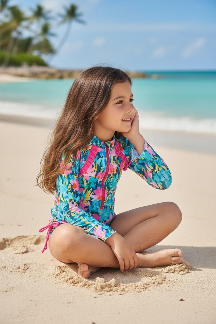 Pink & Teal Floral Printed Swimsuit w/ Front Zipper
