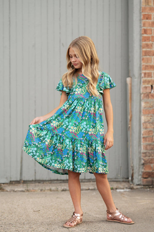 Kids Emmy Green Floral Flutter Sleeve Twirl Spring Dress