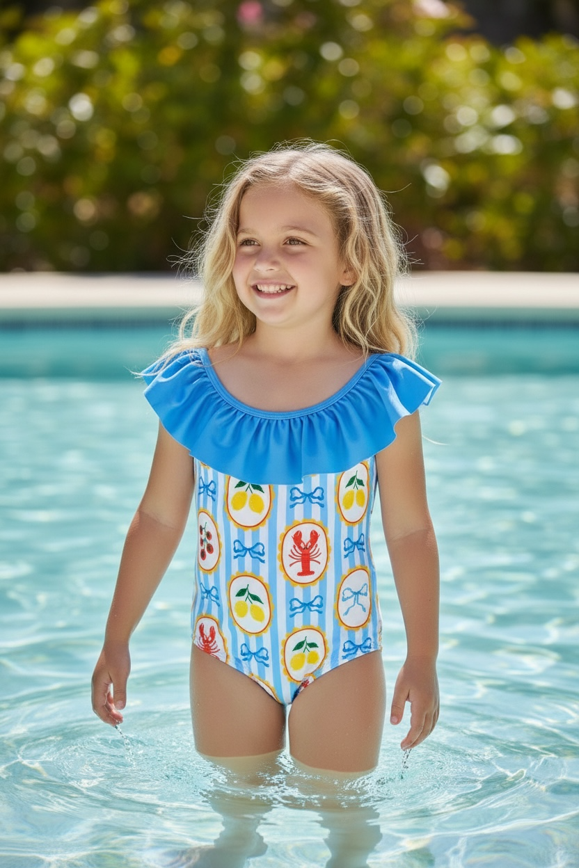 Blue & White Stripe Multi-Printed Swimsuit
