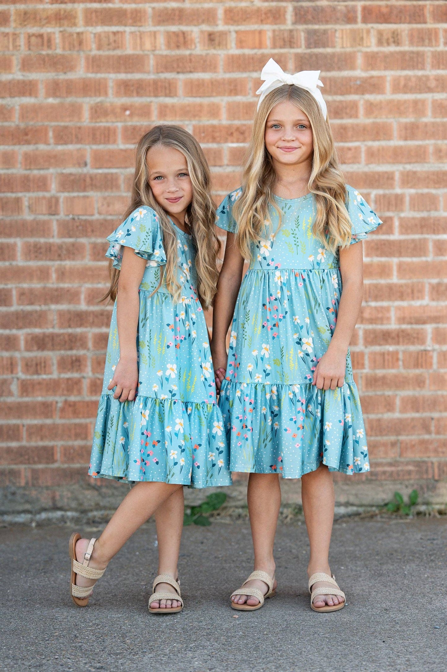 Girls Emma Teal Willow Floral Flutter Sleeve Dress