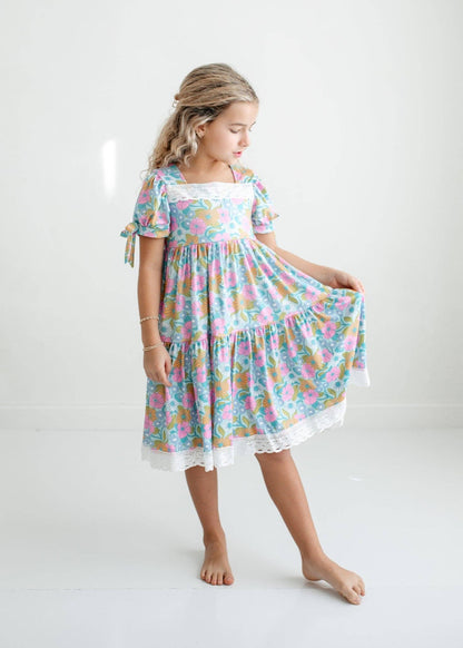 Kids Vintage Floral & Lace Tiered Square Neck Spring Dress