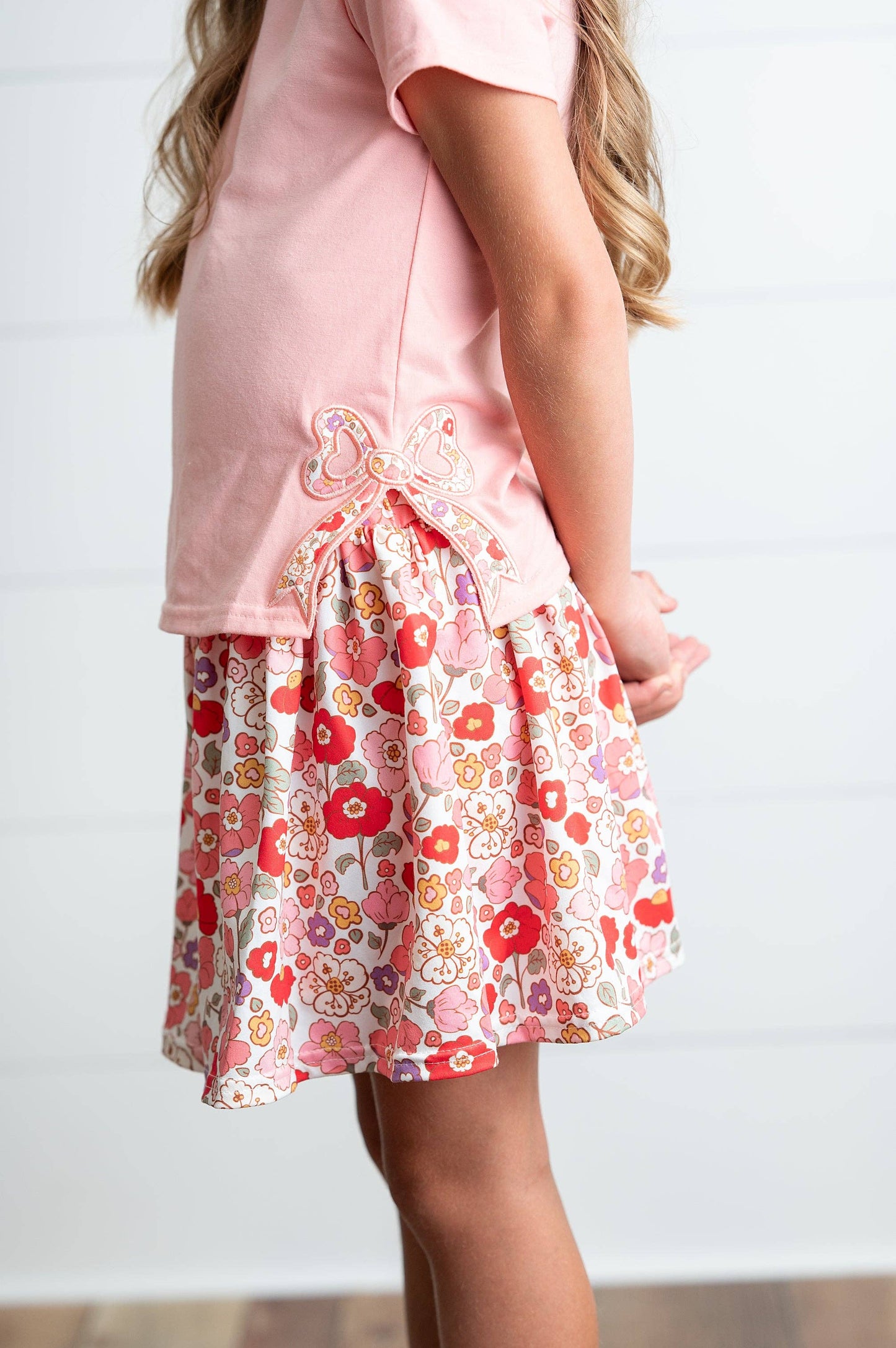 Girls Peach Floral Bow Skort Set