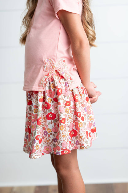 Girls Peach Floral Bow Skort Set