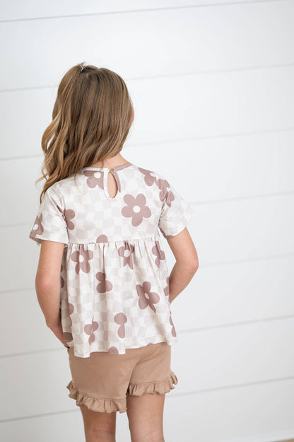 Kids Retro Daisy Check Tan Pocket Ruffle Spring Short Set