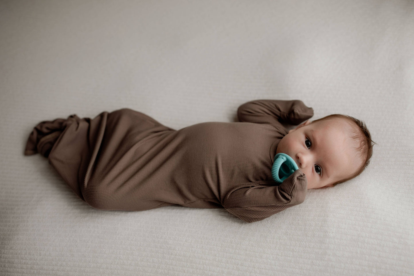 Cocoa Brown Ribbed Knotted Newborn Baby Gown & Bow