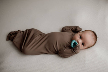 Cocoa Brown Ribbed Knotted Newborn Baby Gown & Bow