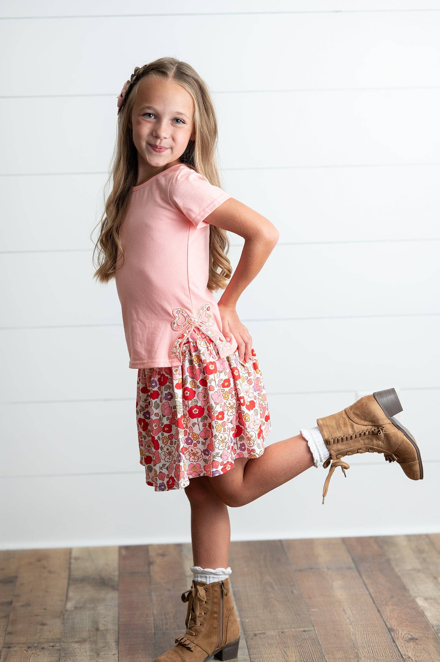 Girls Peach Floral Bow Skort Set