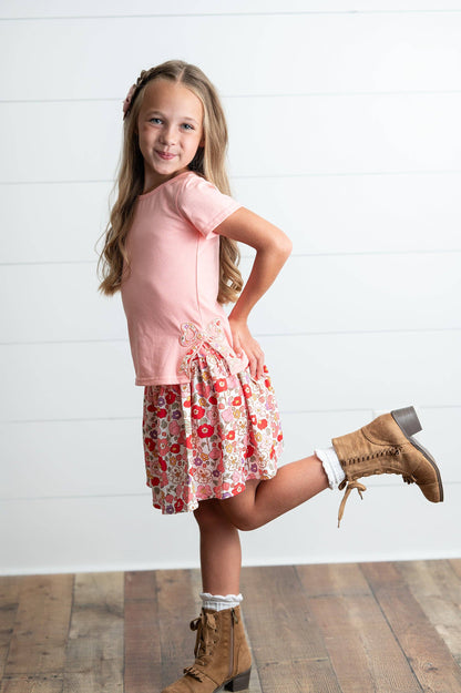 Girls Peach Floral Bow Skort Set