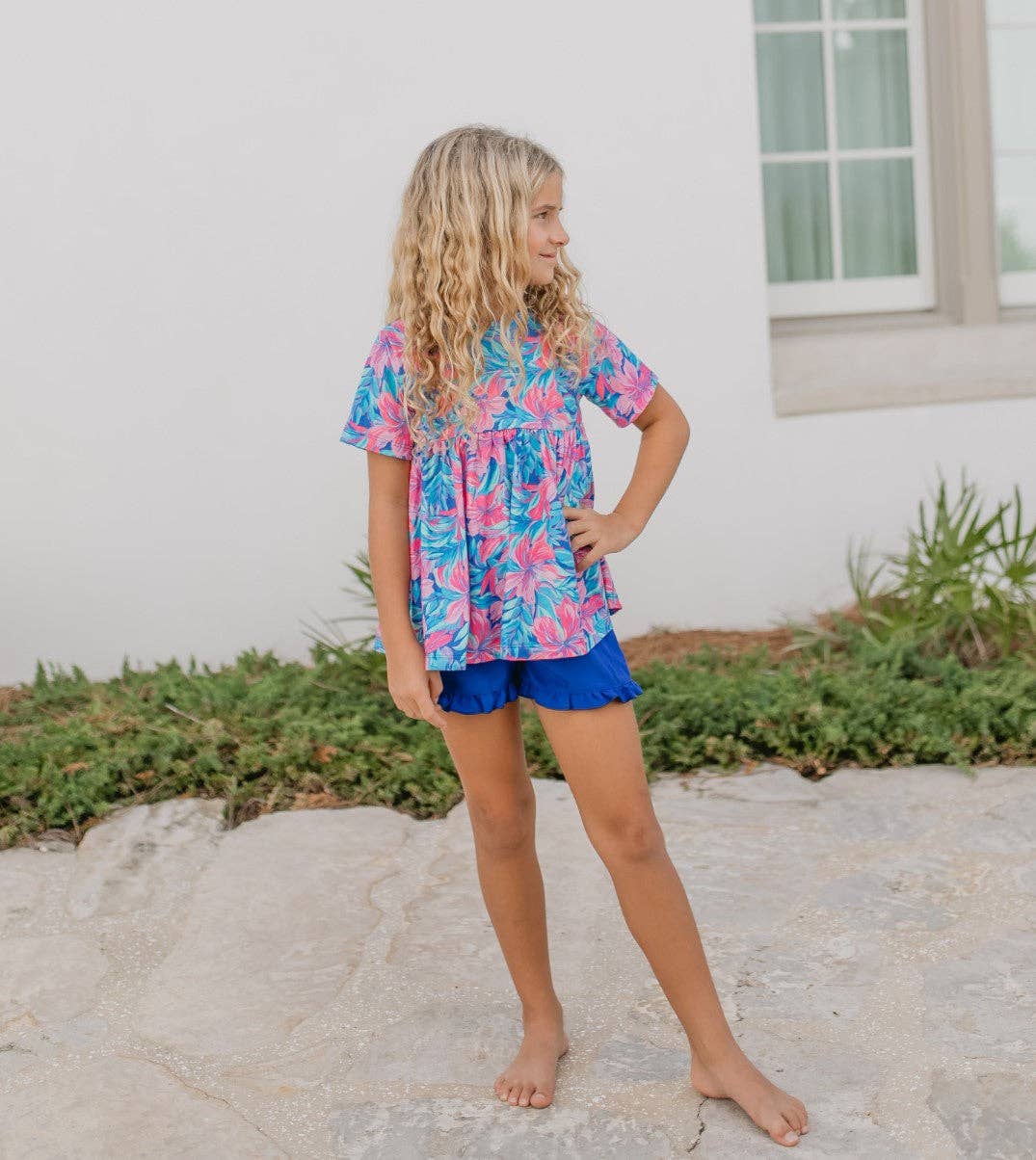 Kids Tropical Floral Pocket Ruffle Summer Short Set