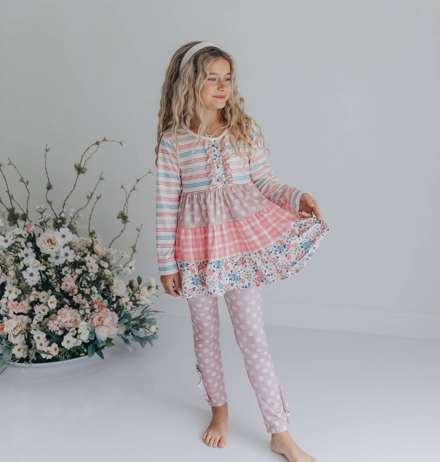 Girls Sand Floral 3 Tiered Fall Ruffle Button Legging Set: 2