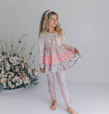 Girls Sand Floral 3 Tiered Fall Ruffle Button Legging Set: 7/8