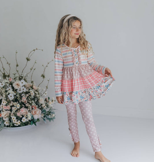 Girls Sand Floral 3 Tiered Fall Ruffle Button Legging Set: 10/12