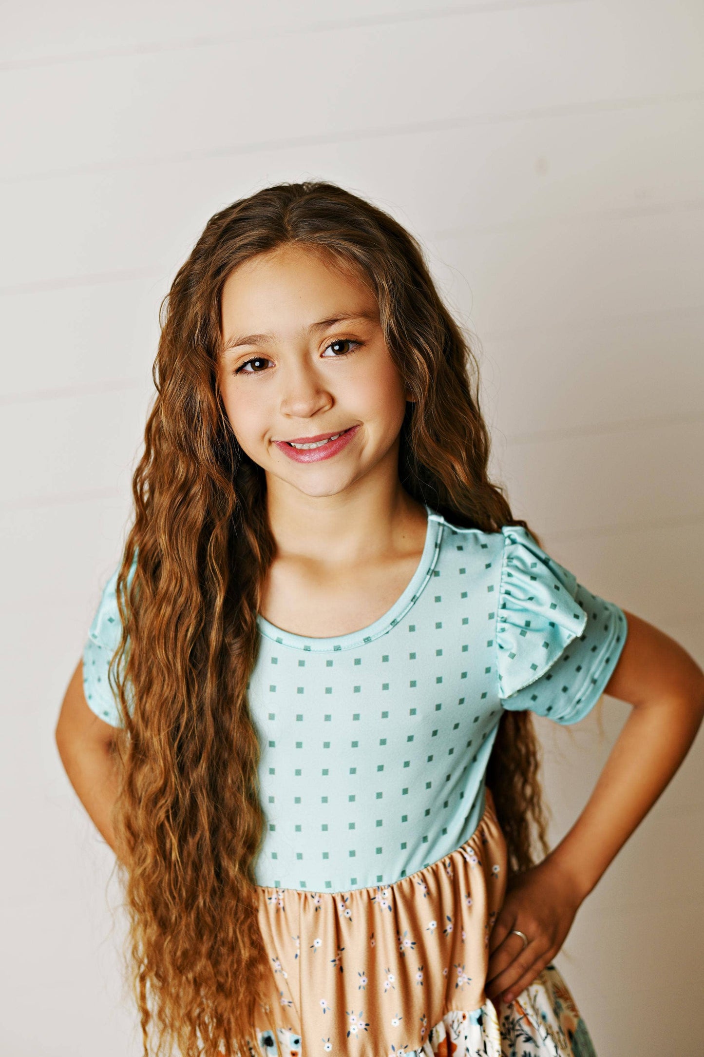 Girls Fall Ava Teal Beige Floral Dot Tiered Twirl Dress: 10/12