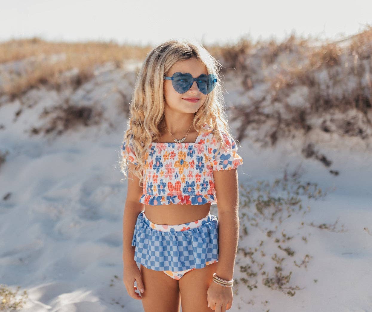 Girls Retro Checkered Flower Power 2 Piece Skirted Swimsuit