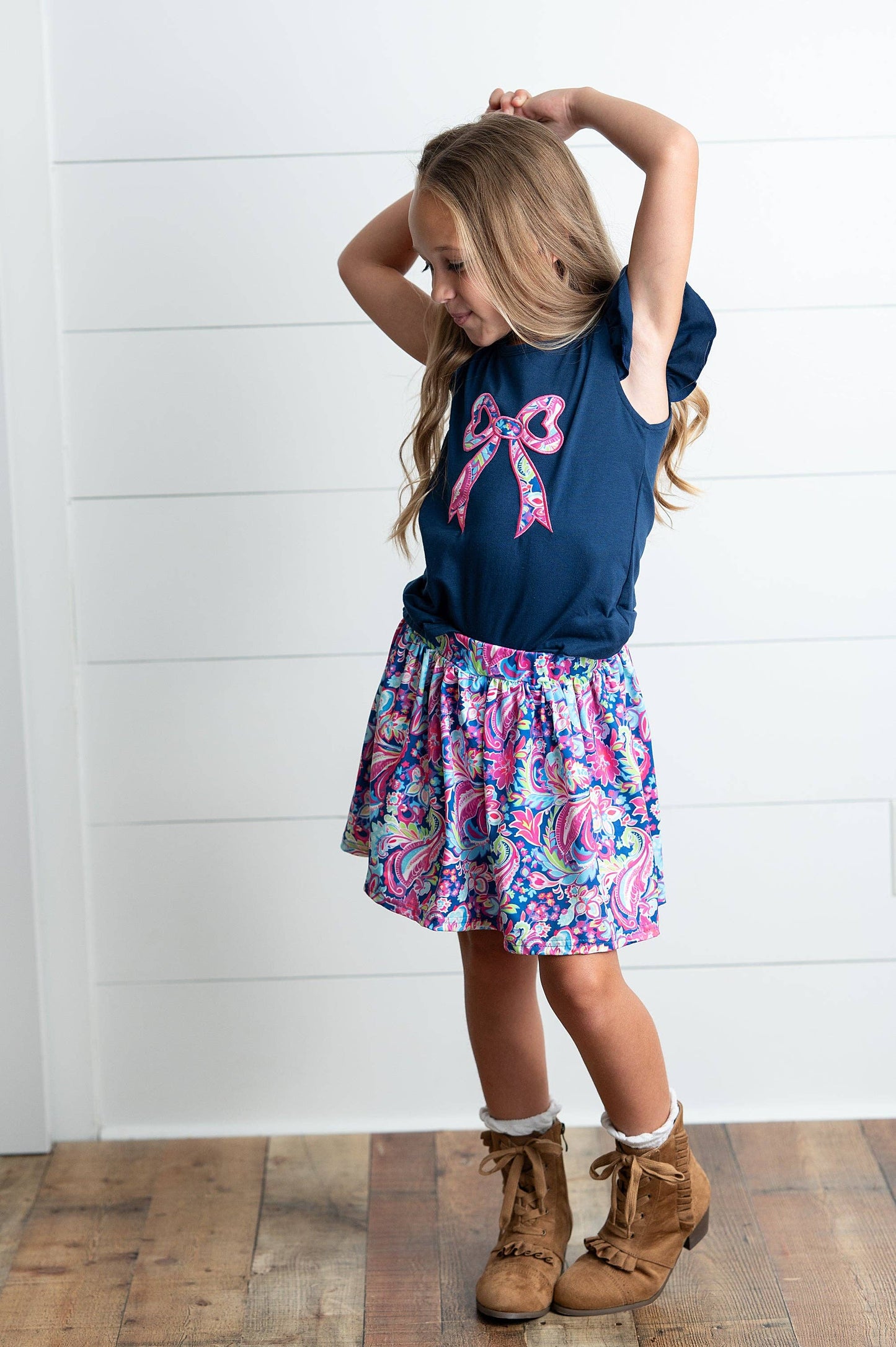 Girls Navy Pink Floral Bow Skort Set