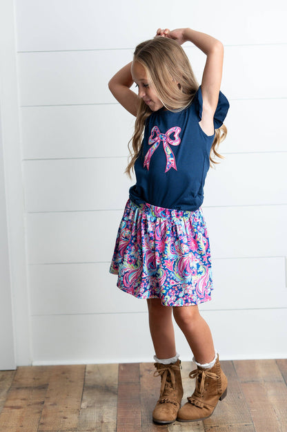 Girls Navy Pink Floral Bow Skort Set