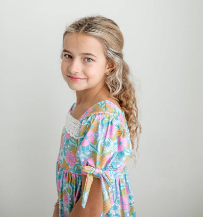 Kids Vintage Floral & Lace Tiered Square Neck Spring Dress