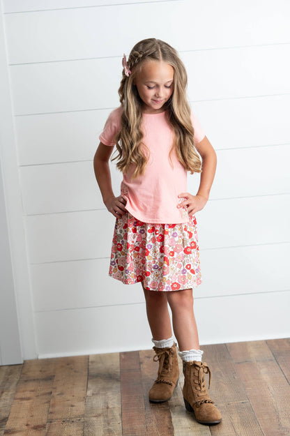 Girls Peach Floral Bow Skort Set