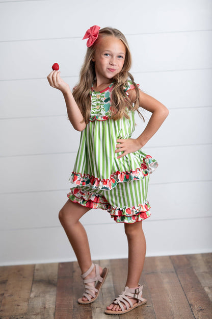Kids Lime Strawberry Stripe Ruffle Button Spring Short Set